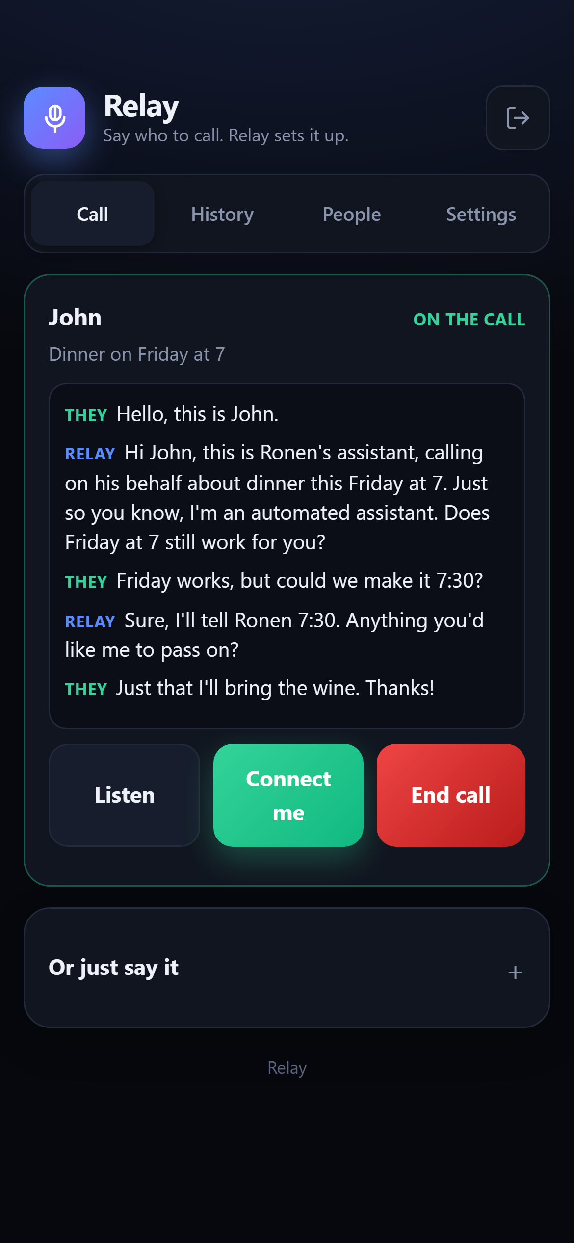 Relay on a call with a live transcript