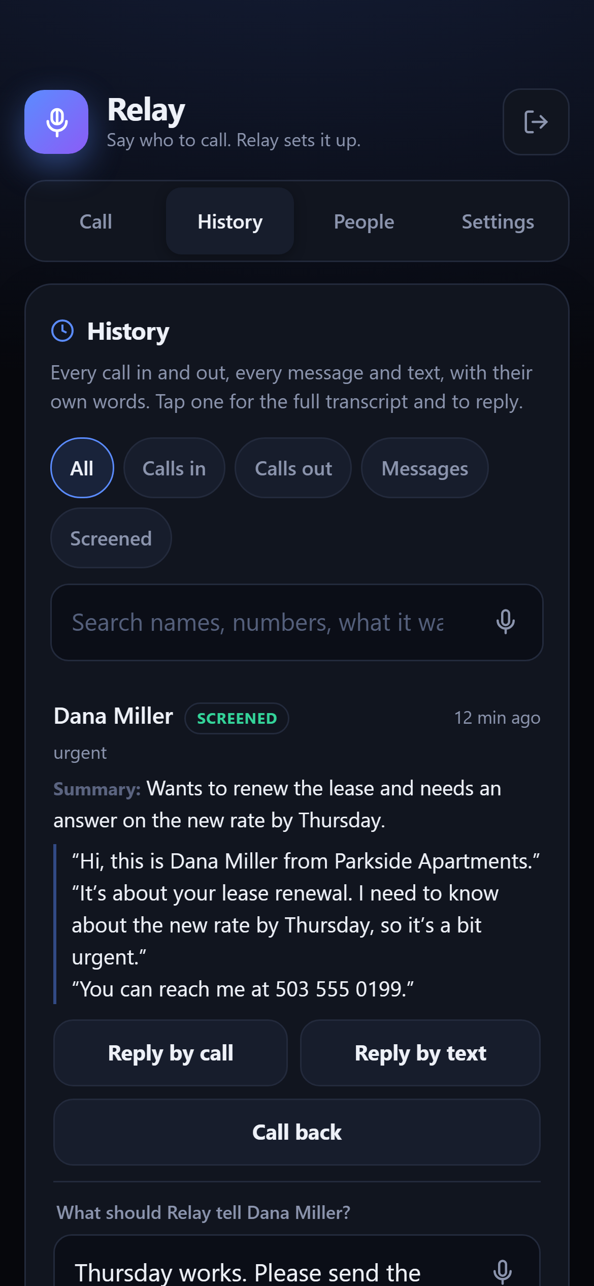 History: a screened call with the caller's own words and reply options